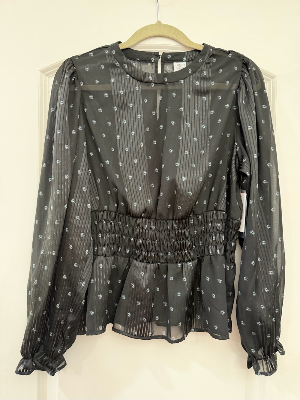 Melrose and Market  Black Sheer Smocked Waist Floral Blouse